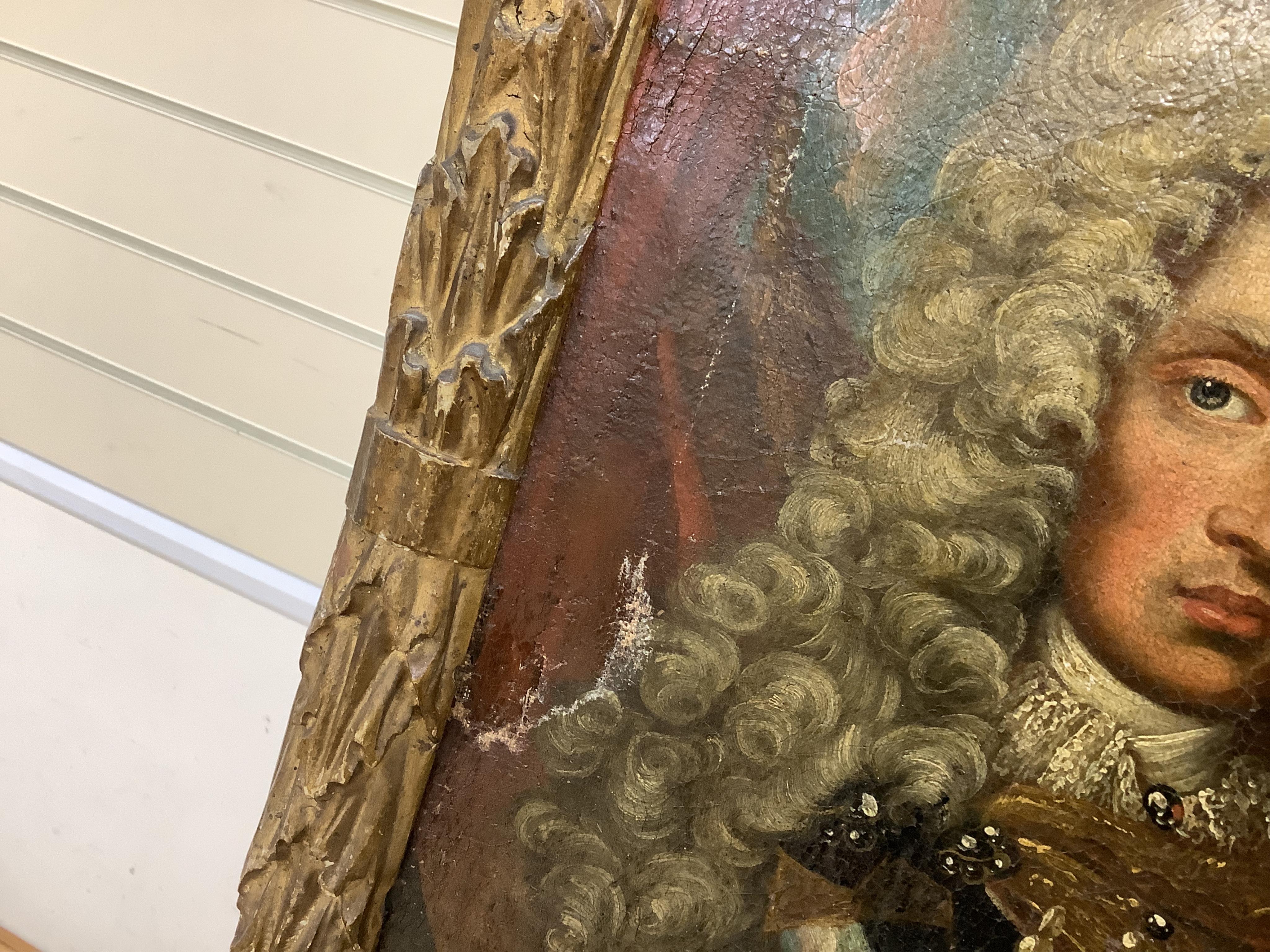 18th century, English School, Portrait of a gentleman wearing armour, feigned oval oil on canvas, 41 x 32cm, gilt framed